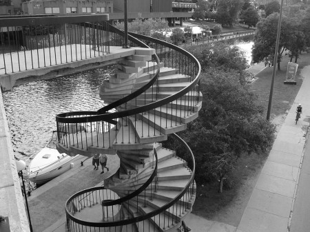 Spiral stairs beside the canal