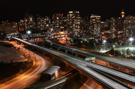 Vancouver skyline, highway, and SkyTrain tracks
