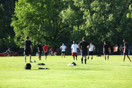 Soccer players, University of Toronto front campus